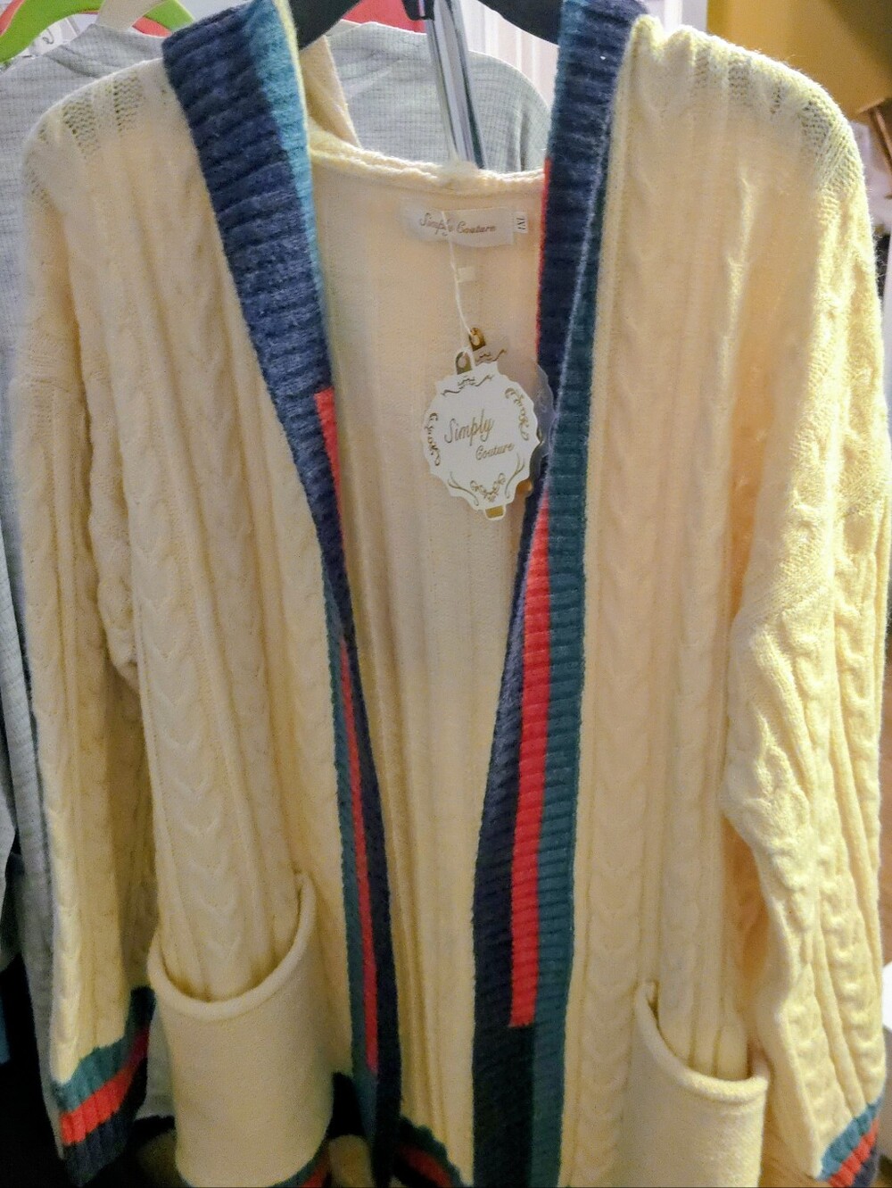NWT Simply Couture open-front, cream-colored cable-knit cardigan with a hood